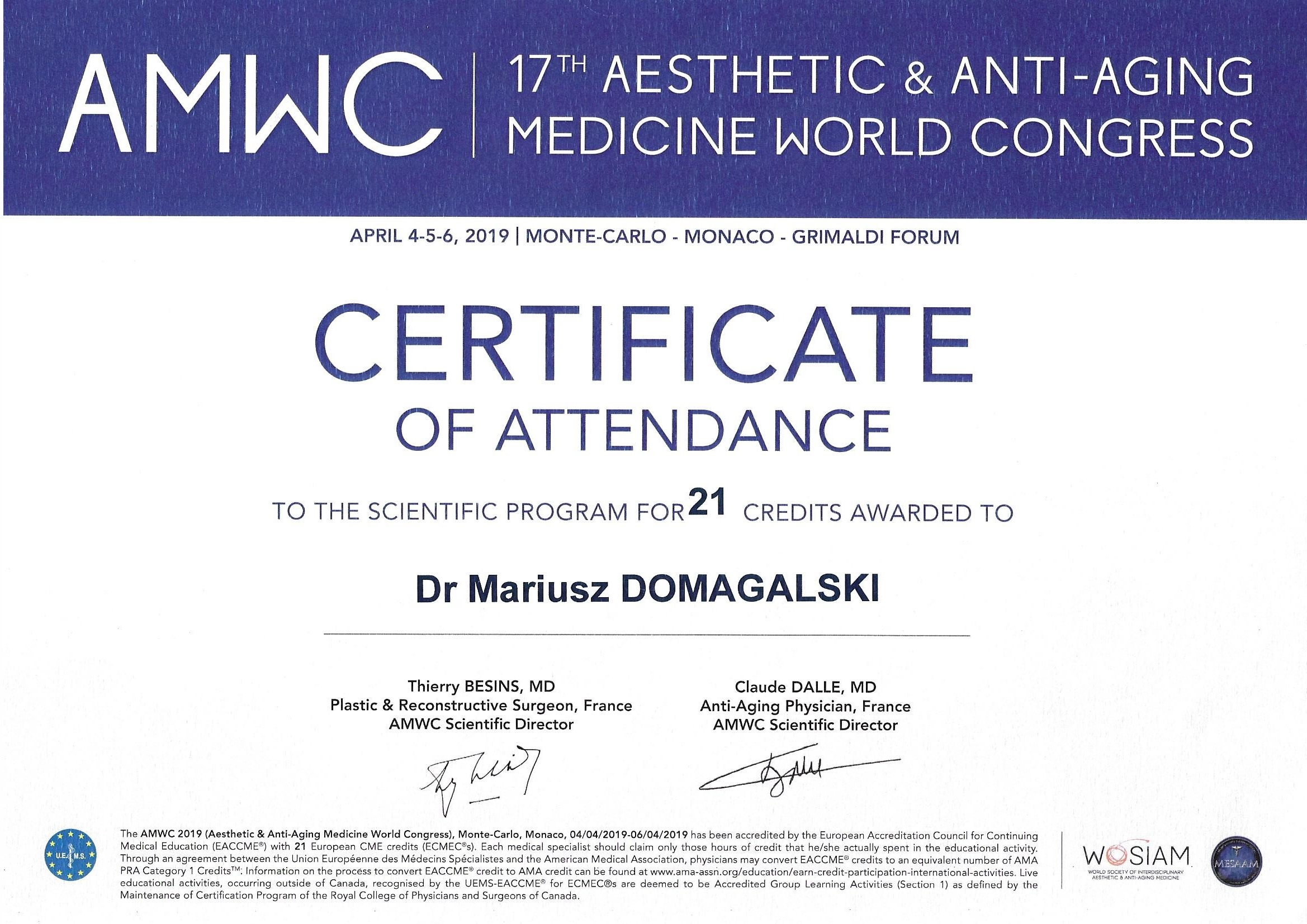 Certyfikat uczestnictwa w XVII Kongresie Medycyny Estetycznej i Anti- Aging w Monte Carlo (2019)